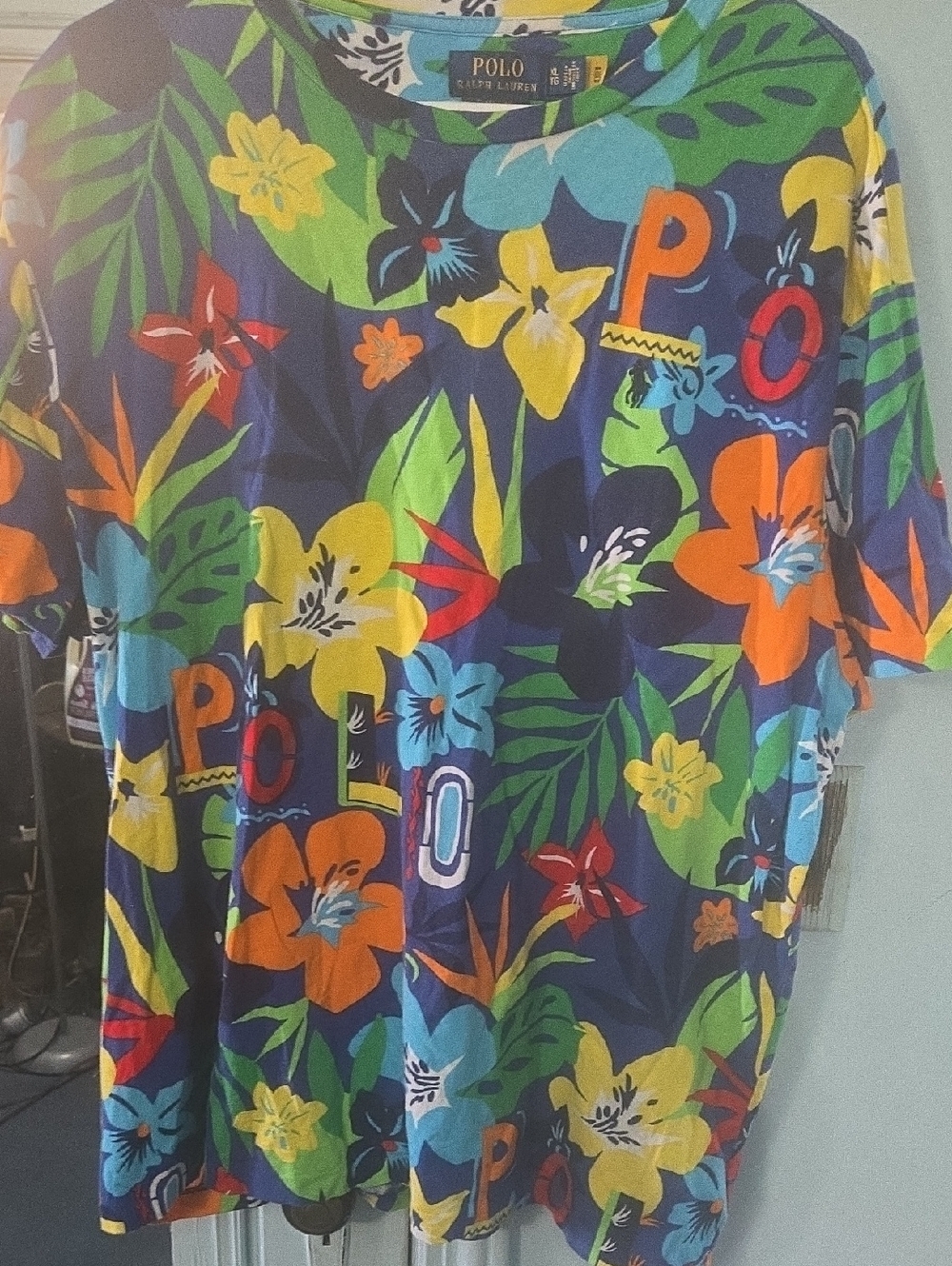 Ralph Lauren Blue Floral Crewneck Tee with Green and Yellow Accents
